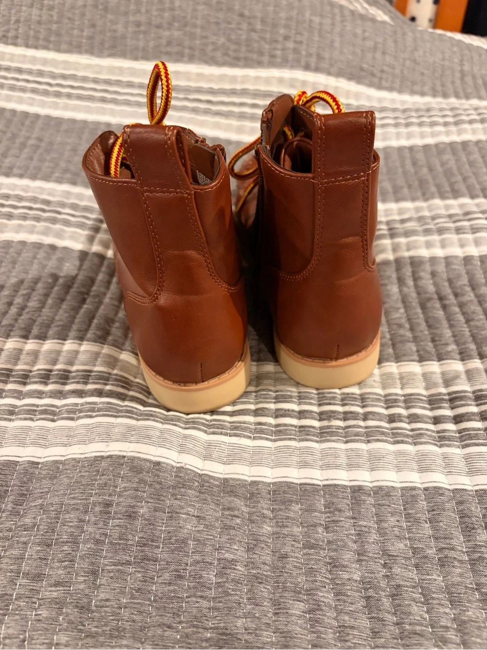 Cat & Jack Brown Size 2 Leather Kids' Boots with Yellow-Red Laces